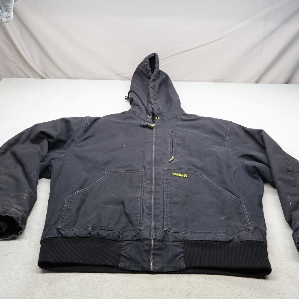 Walls Jacket Mens Large Black Duck Canvas Quilt Lined Insulated Hooded Workwear